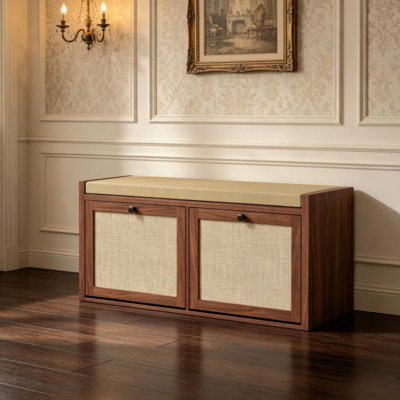 Banc de rangement pour chaussures avec siège rembourré, banc de rangement pour chaussures 2 portes en rotin pour le vestibule