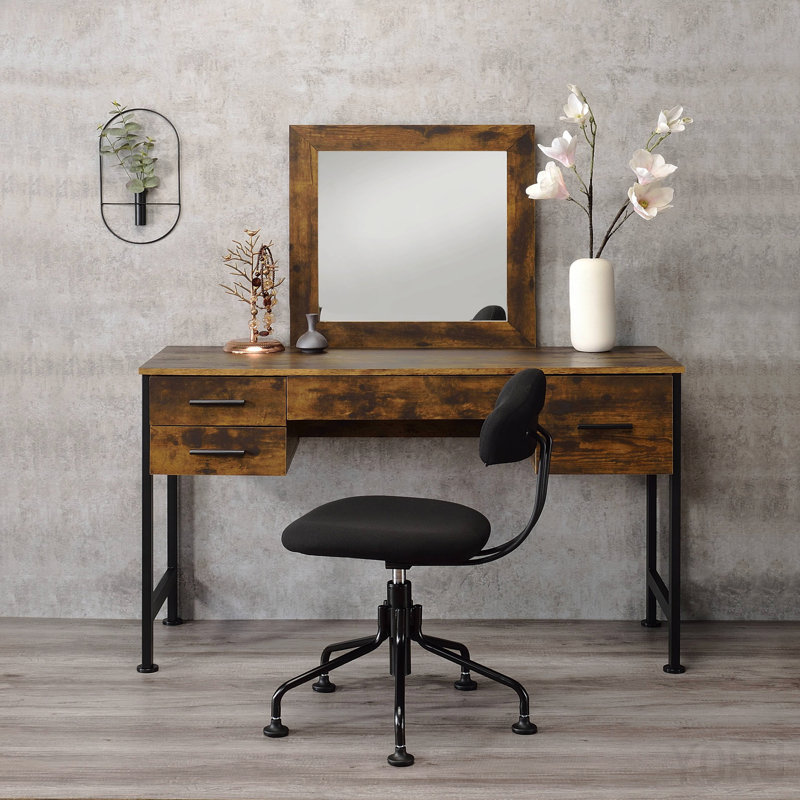 Rustic Oak & Black Finish Vanity Desk & Mirror