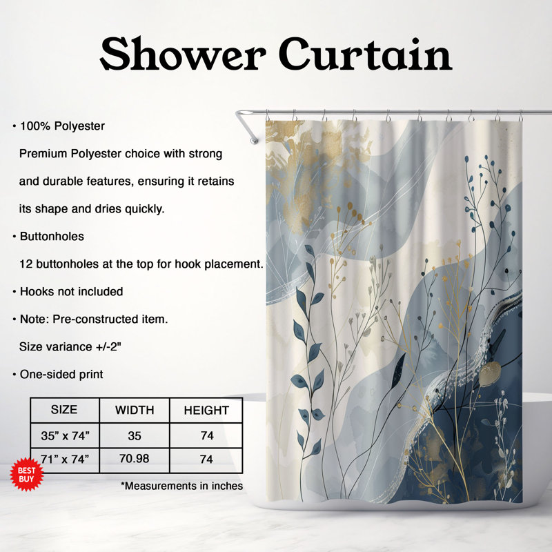 Rideau de douche Boho Blue Florals - 1 pièce, H 74 po x l 71 po