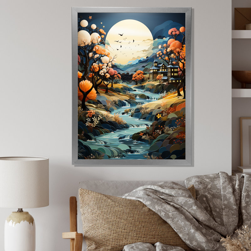 Nightly Whimsical Riverbanks sur impression sur toile, Cadre simple argenté, H 32 po x l 16 po x P 1 po