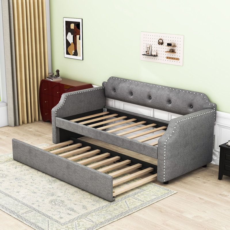 Twin Linen Upholstered Daybed with Twin Trundle, Gray