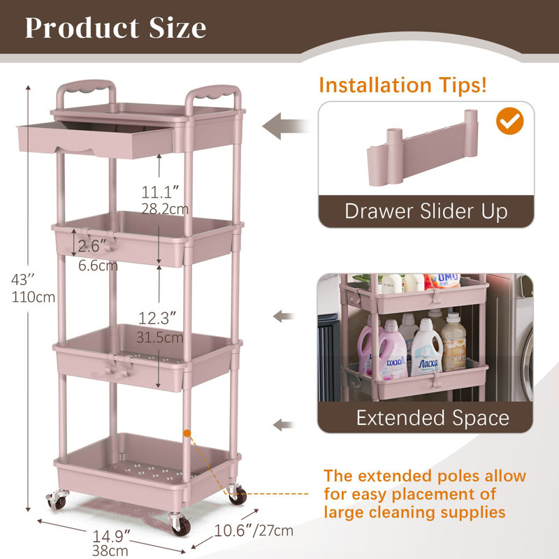 4-Tier Rolling Multi-Purpose Trolley With Drawers,Practical & Versatile Storage Trolley With Plastic Shelves & Lockable Wheels