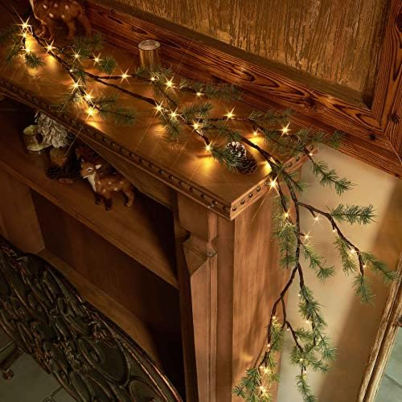Guirlande de pin éclairée à piles avec minuterie 6FT 48 lumières, guirlande de Noël avec lumières pour la décoration intérieure et extérieure des Fêtes