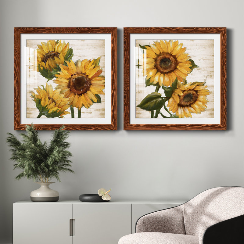 Tournesol d'été I - ensemble de 2 peintures, H 20 po x l 40 po, Papier dans un cadre photo, Érable
