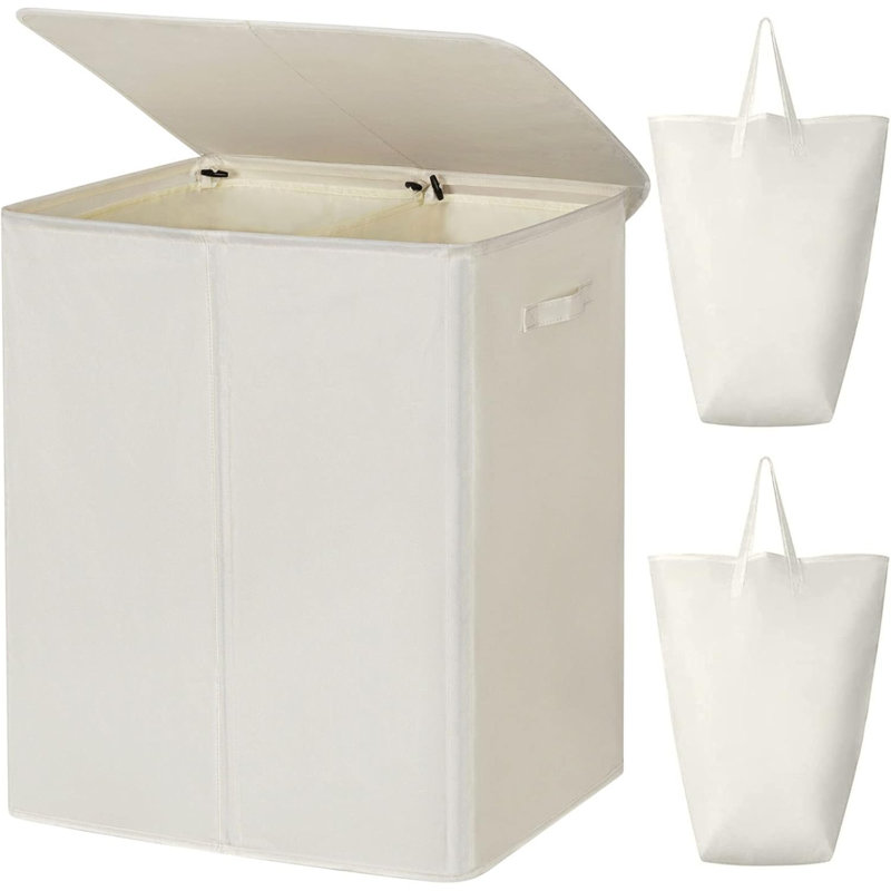 154L Double Laundry Hamper With Lid And Removable Laundry Bags, Large Dirty Clothes Hamper 2 Section Collapsible Laundry Basket Dorm Room Storage For Bedroom, Bathroom, College,Beige