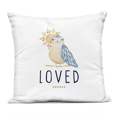 Loved Smiling Bird Sunshine Outdoor Printed Pillow design by Blue Chair Blessing