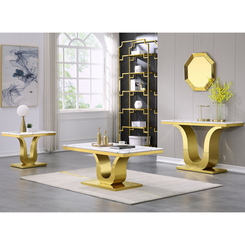 Rectangle Living Room Tea Table, White and Gold Top/Gold Base