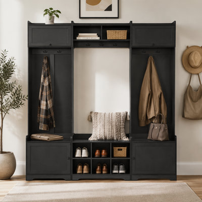 Arbre d'entrée moderne avec rangement pour chaussures, banc d'entrée 4 en 1 avec 8 casiers, 7 crochets à manteau et tablette ajustable pour le couloir, le salon, VIBE