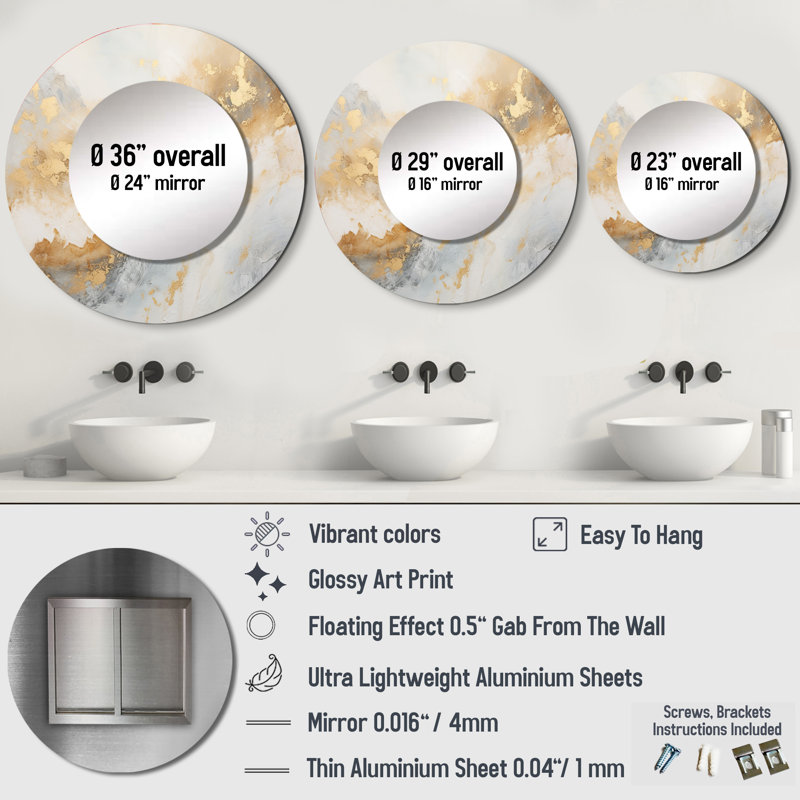 Gold And White Magic Marble Geode III - Marble Large Mirror, Gold Unique Wall Mirror Decor, Printed Metal Art, 29" x 29"