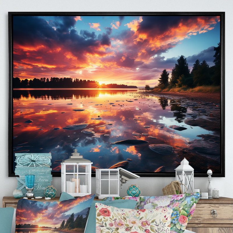 «Horizon Sunset by the Lake I», art mural sur toile, Cadre flottant noir, H 30 po x l 40 po x P 1,5 po