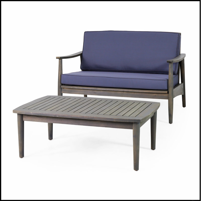 Ensemble de causeuse et de table basse pour patio, structure en bois d'acacia durable avec coussins confortables pour la détente en plein air