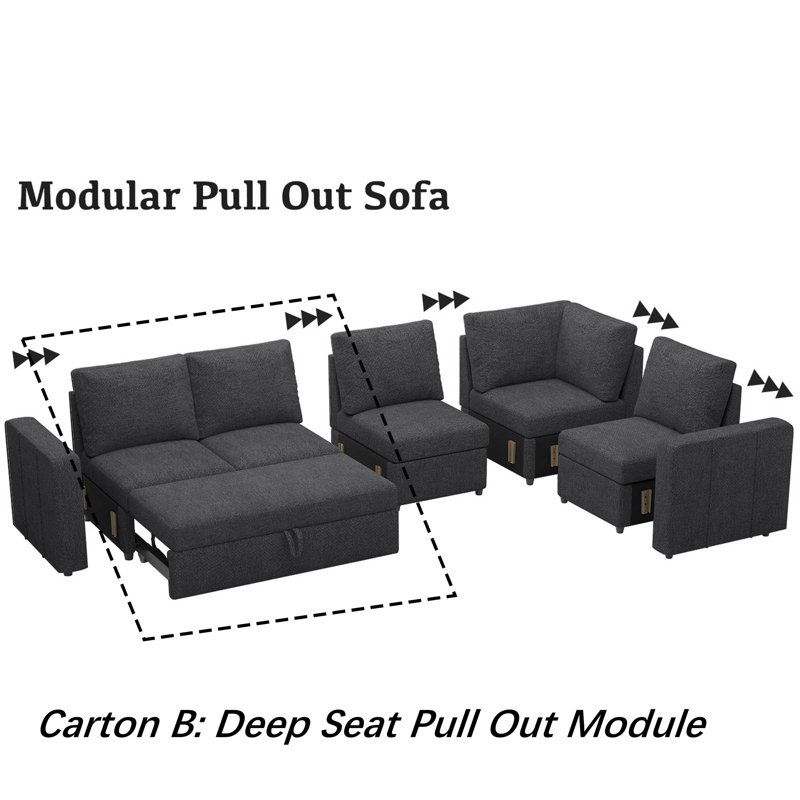 Rafael Armless Pullout Sleeper Sofa Module, Dark Gray Chenille