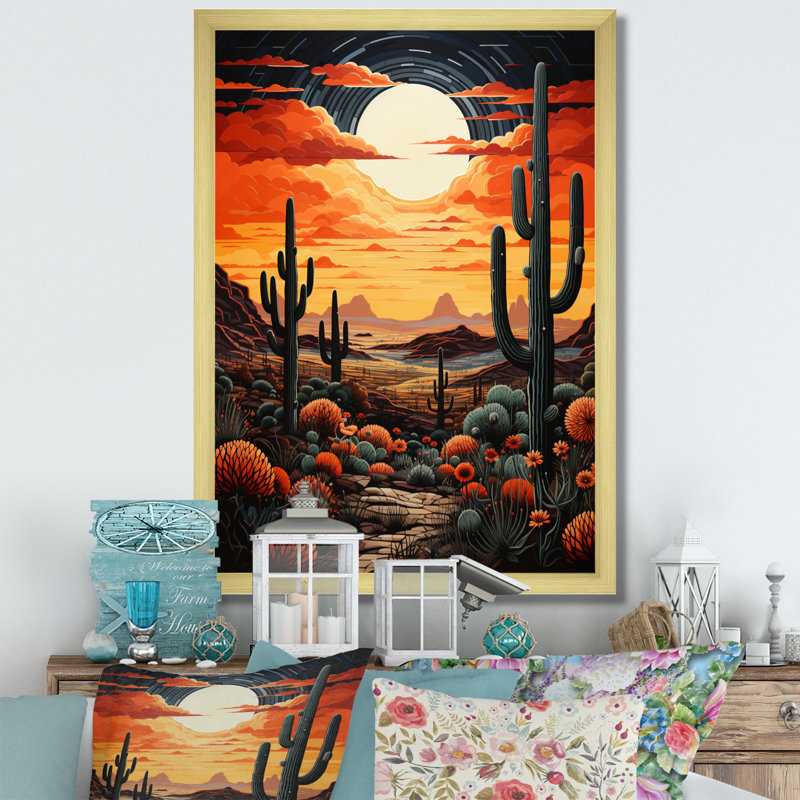 Ballyclare, orange, jaune, cactus, désert, coucher de soleil, Saguaro - Cactus, art mural encadré, Cadre doré simple