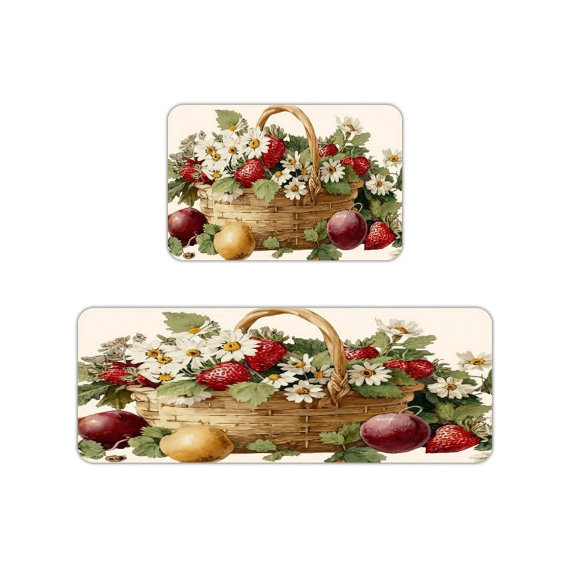 Ensemble de 2 tapis de cuisine beige à motif de fraises et marguerites
