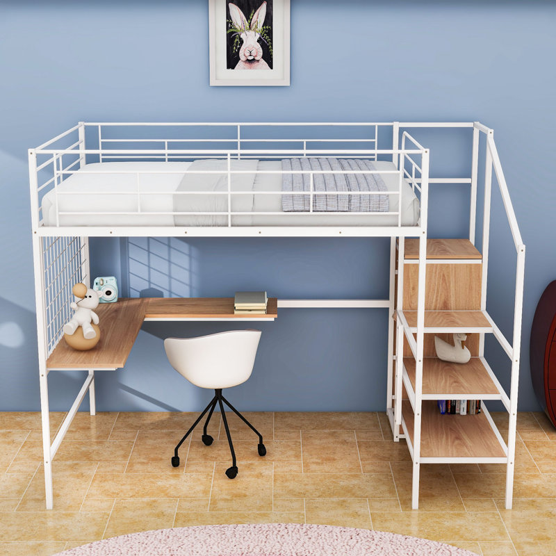 Metal Loft Bed With Built-In L-Shape Desk, Wardrobe And Decorative Metal Grid, Full, White