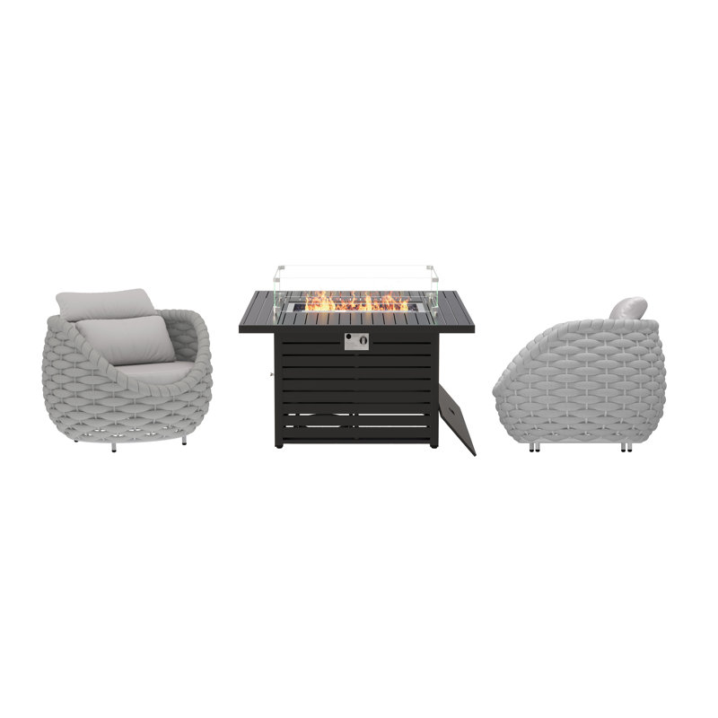 Chaises longues modernes en corde résistante aux intempéries avec ensemble de conversation 3 pièces Modern, Gris clair
