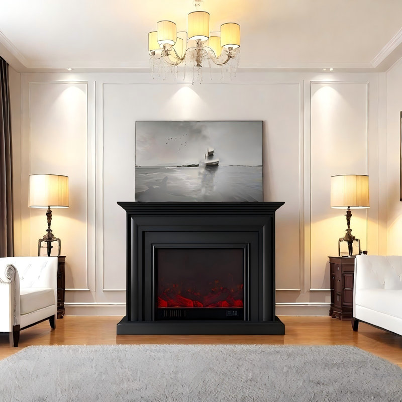 Black Rubber Wood Landscape Electric Fireplace, 45.67"H x 59.06"W x 12.99"D