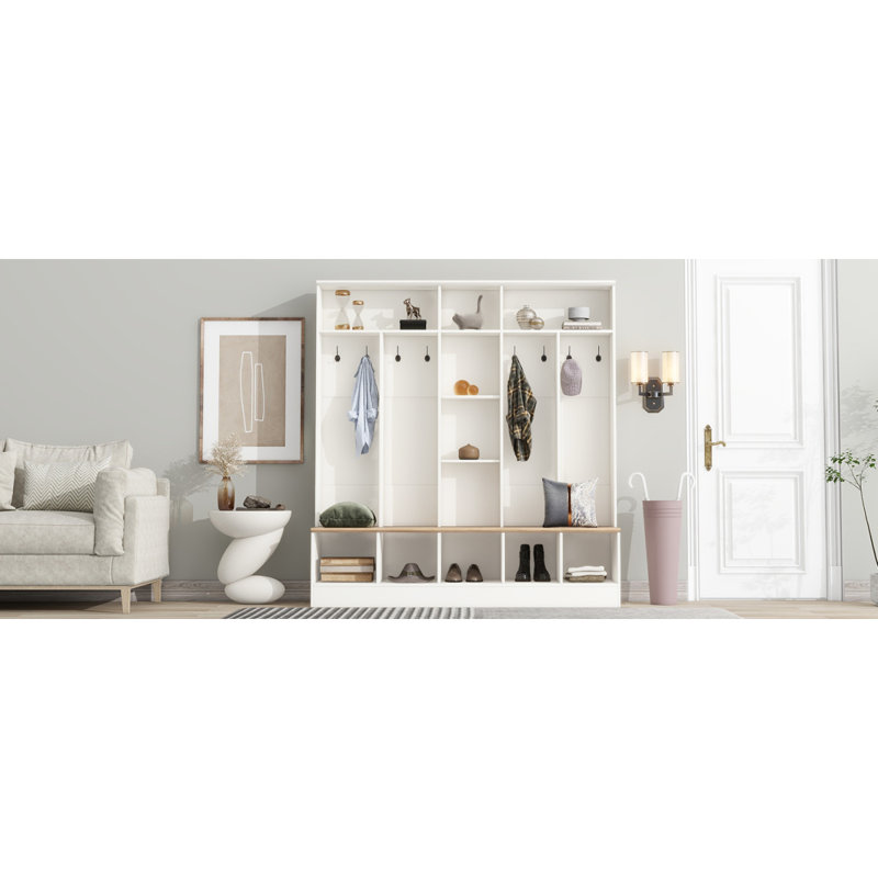 Portemanteau avec banc de rangement, banc de rangement ON-TREND, armoire à chaussures minimaliste avec rangement cubique et tablettes, portemanteau multifonctionnel avec 8 crochets pour les vestibules, vestibule, blanc (ANCIEN SKU: N721S000021K)
