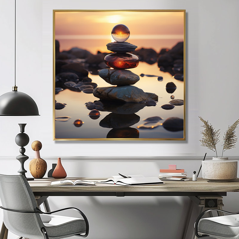 «Cairn River Rock Zenscape - Spiritual Stone», reproduction d'art mural, Cadre flottant doré, H 16 po x l 16 po x P 1 po