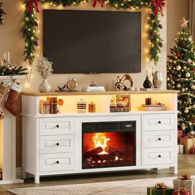 Meuble télé 60 po pour téléviseur de 65 po ou moins avec foyer électrique de 23 po, meuble audio-vidéo Farmhouse, console multimédia en bois avec 6 tiroirs et 2 tablettes ouvertes pour le salon