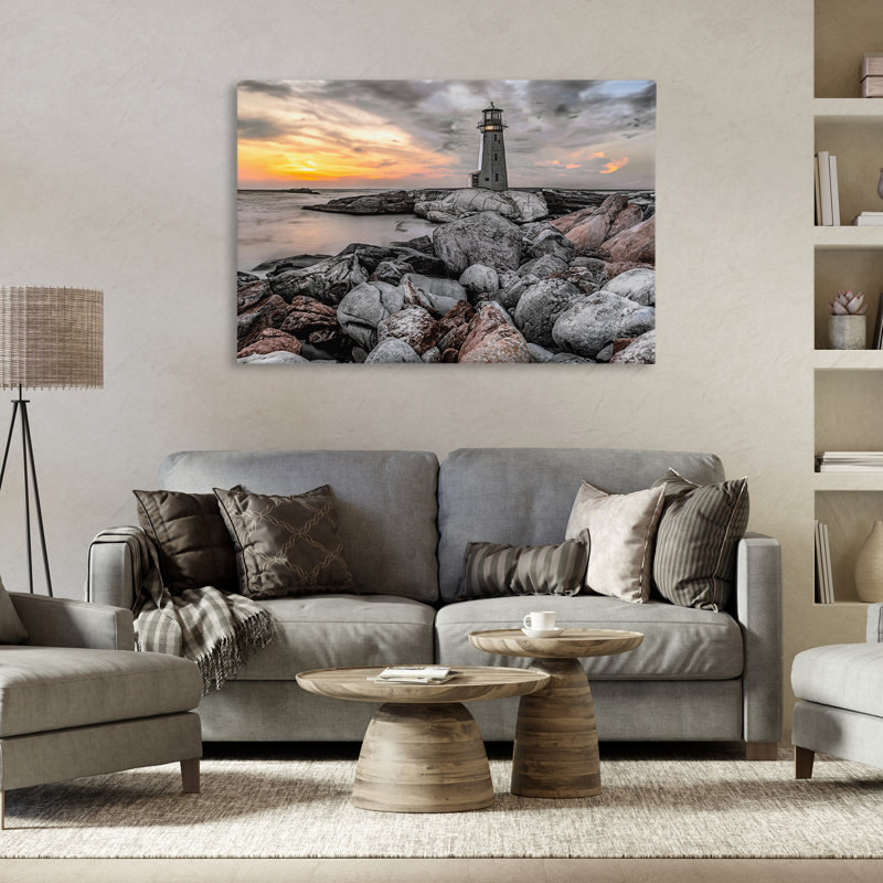 Toile du phare au coucher du soleil, design par Norm Stelfox, H 24 po x l 36 po