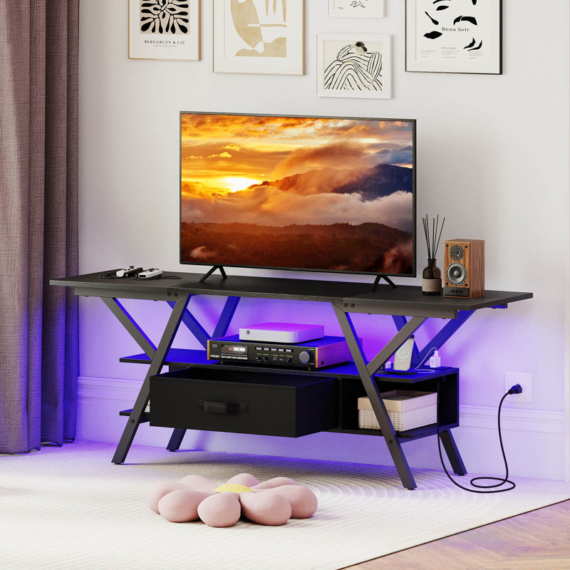3-Tier TV Stand with Power Outlets for 65” TVs, LED Lights & Remote Storage Shelves, Black