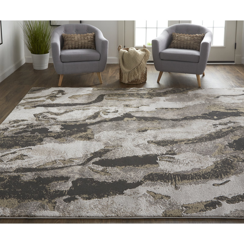 Tapis gris anthracite / beige tissé à la machine Hoghni, Rectangle 6 pi 7 po x 9 pi 6 po