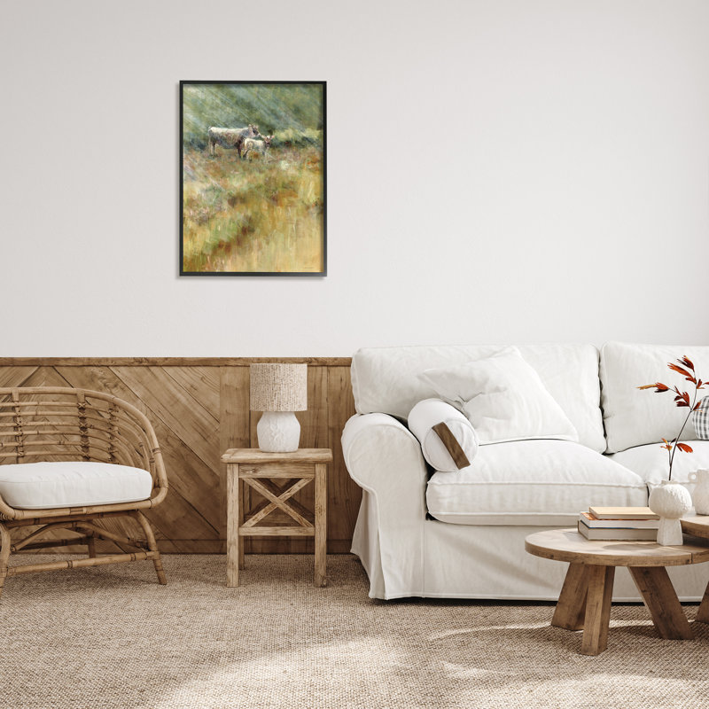 Sunlit bovins qui broute par Kamdon Kreations - peinture à cadre flottant sur bois, H 30 po x l 24 po x P 1,5 po