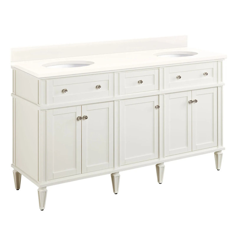 60" Elmdale Double Bathroom Vanity Set with Oval Undermount Sinks, Arctic White Quartz, Soft White, 8" Widespread