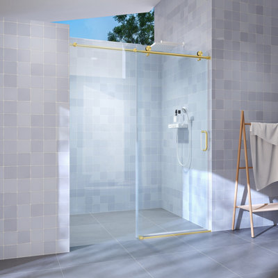 Porte de douche coulissante simple de 56 à 60 po x H 76 po, porte de salle de bain sans cadre avec verre trempé de 1/4 po (6 mm) pour douche à l'italienne, or brossé GF-25D06-60BGX