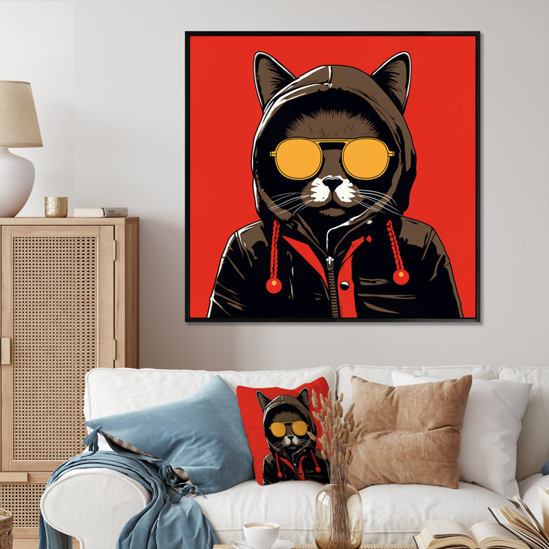Chat froid avec lunettes de soleil - imprimé, Cadre flottant noir, H 24 po x l 24 po x P 1 po