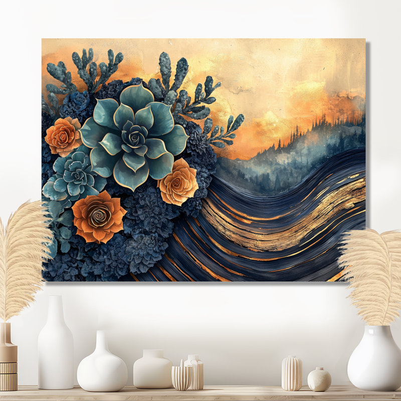 Fleurs en bois succulentes dans la rivière, paysage I - art mural en métal succulent, H 12 po x l 20 po