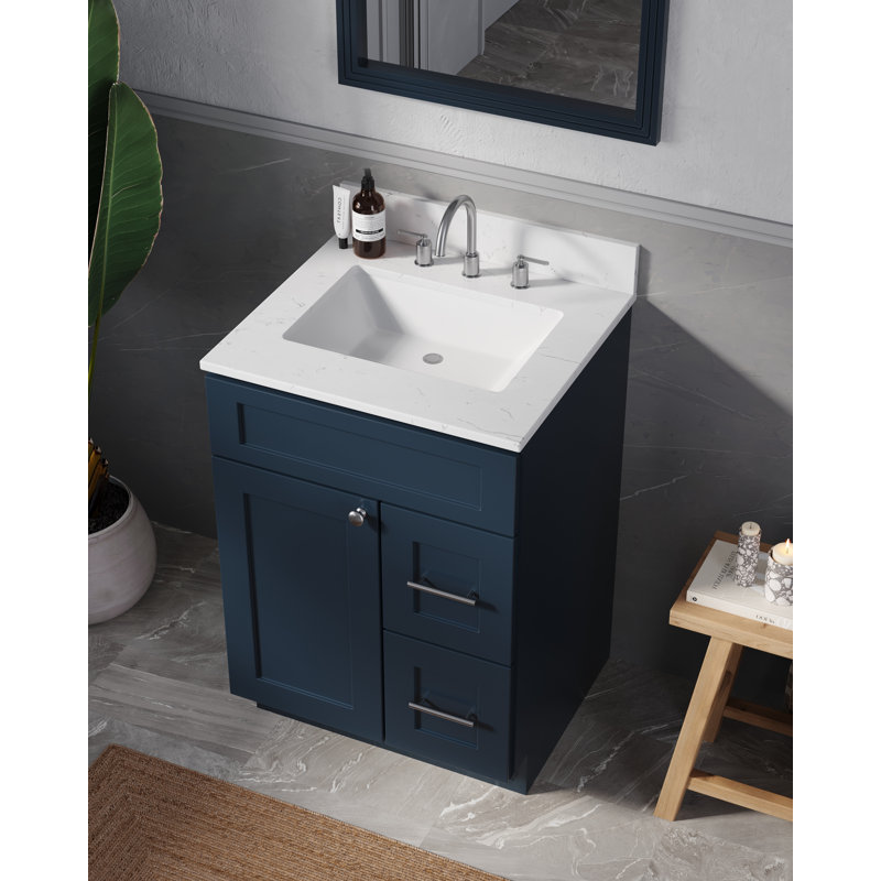 Meuble-lavabo simple 24 po en bois massif avec comptoir en quartz de Carrare, Bleu
