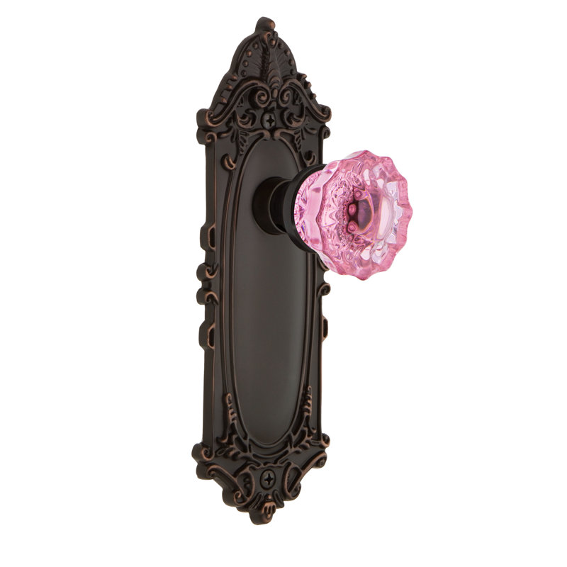Plaque victorienne avec bouton de porte rose cristal, Bronze intemporel, 2 3/4