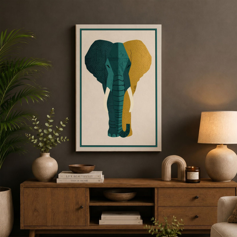 Geometric Elephant Art Deco - Wrapped Canvas, 36x24 - 91.4 x 61.0 cm, White Border
