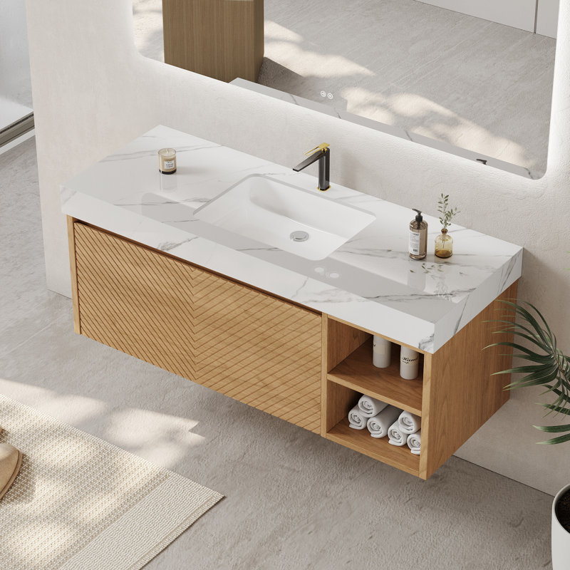 48" Modern Bathroom Cabinet with Drawers,Stone Top Wall Mounted Bathroom Vanities, White, Light Wood
