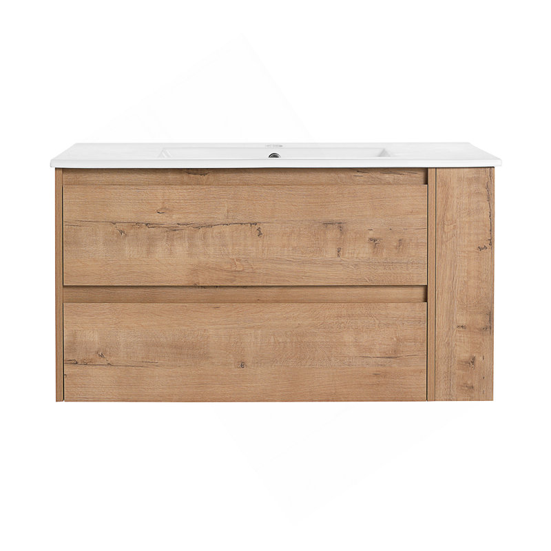 Meuble-lavabo mural 36 po avec lavabo en céramique, Imitation chêne
