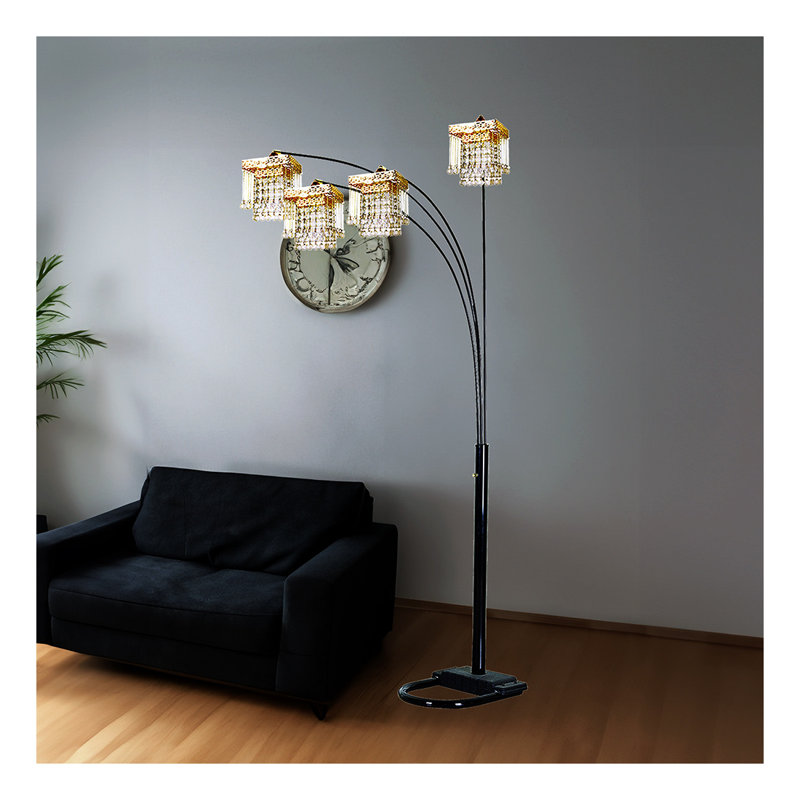Lampe sur pied à arche en cristal moderne 4 lumières à abat-jour carré en or noir avec bras réglables pour le salon, la chambre à coucher et le bureau
