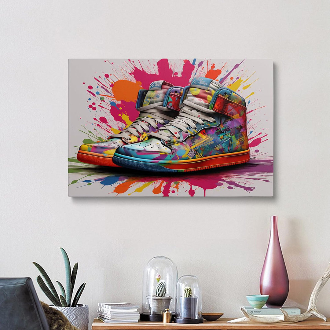 Framed Banksy Graffiti Sneaker Canvas Wall Art Colorful Shoes Decorations Pop Art Wall Decor For Kids Playroom Bedroom Living Room Artworks Ready To H