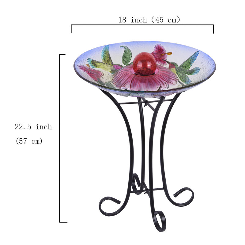 Solar Floral Glass Hummingbird Bird Bath with Stand