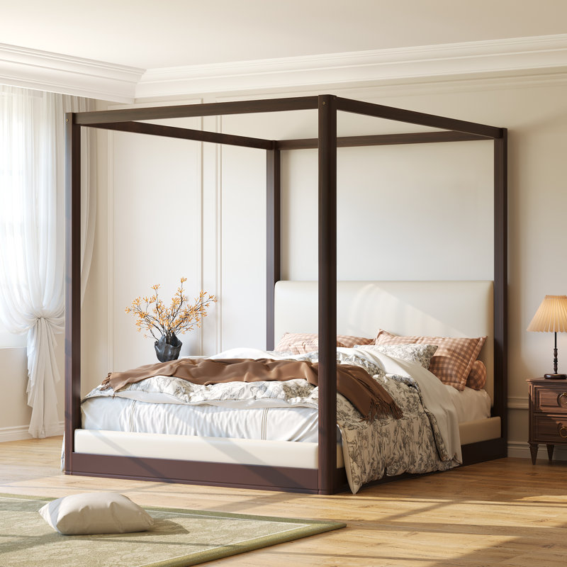 Grand lit plateforme à baldaquin en bois avec tête de lit tapissier, structure espresso, mobilier de chambre en tissu blanc