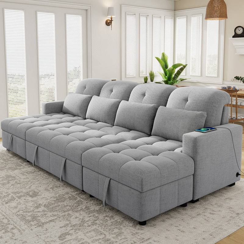Canapé-lit modulaire de 110 po en forme de U avec 2 méridiennes de rangement, 2 ports USB et 4 coussins, Gris