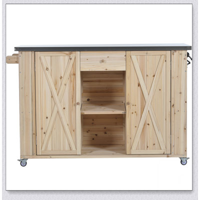 Îlot de cuisine extérieur avec plateau en acier inoxydable, grand rangement, porte-serviettes, étagères à épices et ouvre-bouteille pour les réceptions extérieures naturelles