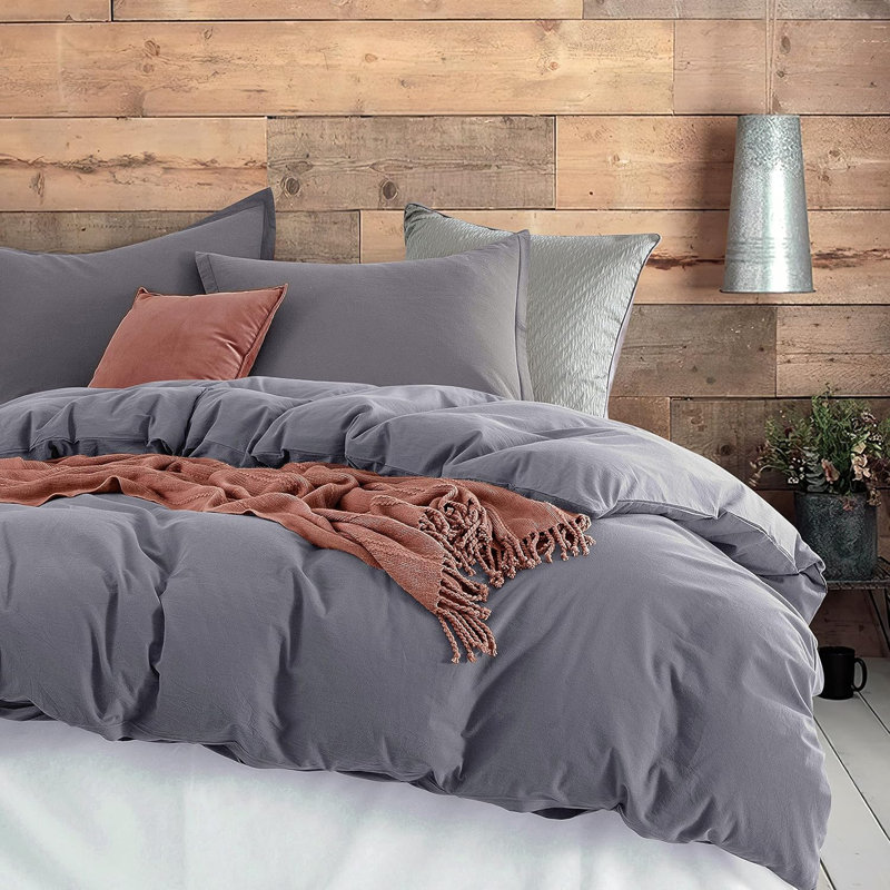 Stonewashed Cotton Solid Colour Duvet Cover Set, Dusty Lilac, Twin Duvet Cover + 1 Queen Sham
