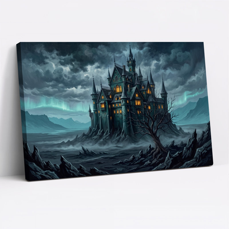 Impression sur toile, château gothique avec fenêtres brillantes sous aurore, H 32 po x l 48 po