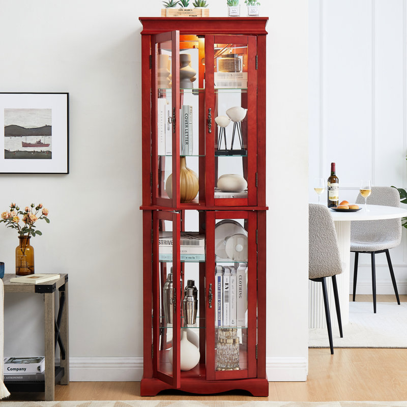 Vitrine lumineuse avec tablettes réglables en verre, 6, cloison mobile, hauteur de tablette sophistiquée en cerisier -