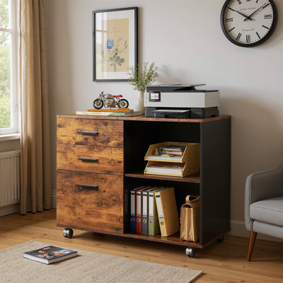 3-Drawer Wood File Cabinet, Mobile Lateral Filing Cabinet, Printer Stand With Open Storage Shelves For Home Office by 17 Stories