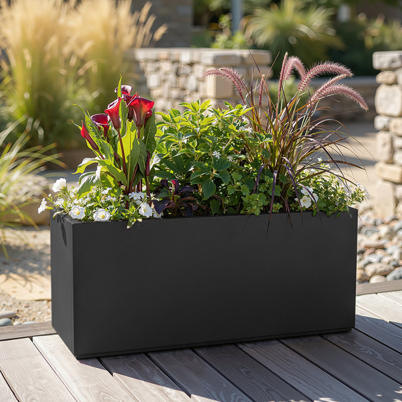 Rectangular Planter-Metal Planter Box With Drainage Holes for Indoor and Outdoor Use, Black, 16.3" H x 38" W x 15" D