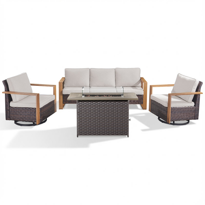 Ensemble de conversation pour foyer d'extérieur moderne en rotin 4 pièces avec canapé et fauteuil pivotant, Beige, Brun