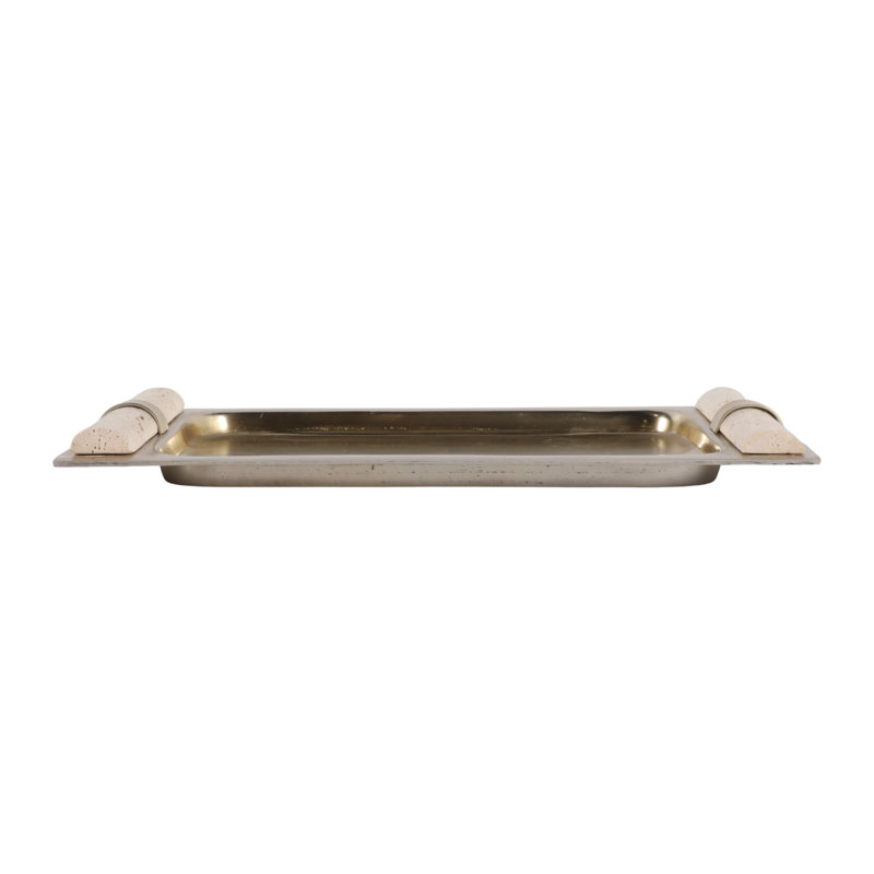 Plateau décoratif décoratif en métal et en travertin pour le style repose-pieds - Plateau rectangulaire moderne pour table basse, cuisine ou bijoux - 16 po, argent et ivoire
